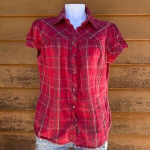 St. Johns Bay Red Plaid Short Sleeve Button-Up Womens Shirt Size L Cotton Casual